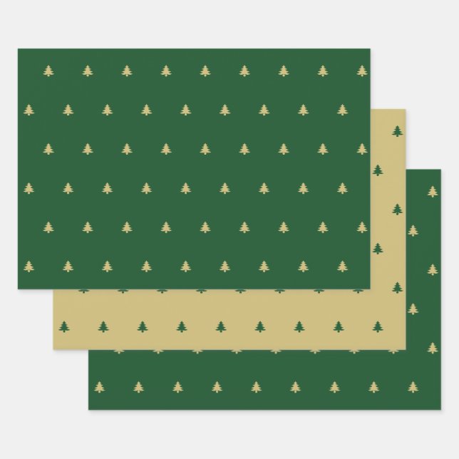 Green/Gold Christmas Tree Simple Iconic Pattern Wrapping Paper Sheet (Set)