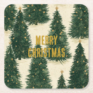 Green Gold Christmas Trees Square Paper Coaster
