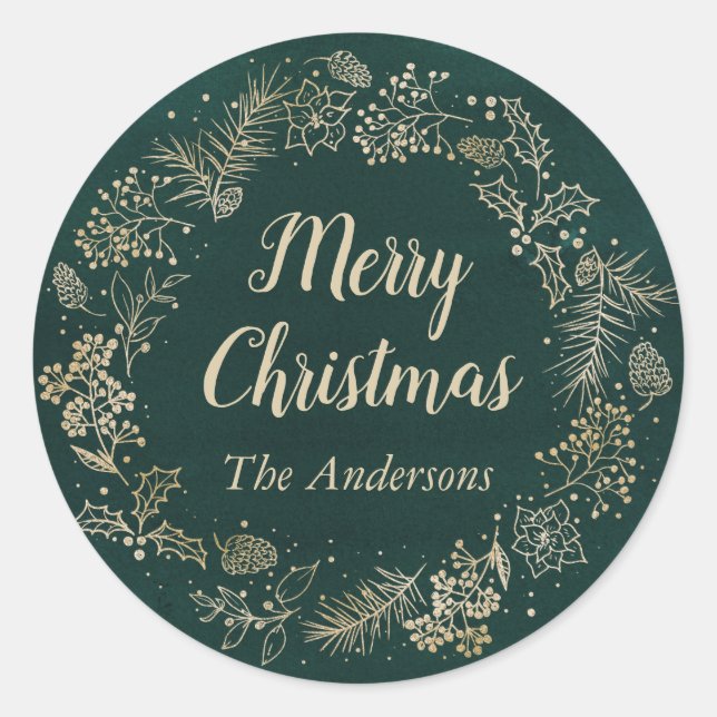 Green & Gold Christmas Wreath Holiday Classic Round Sticker (Front)