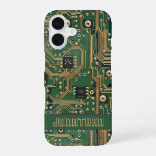 Green Gold Circuit Board Personalized iPhone 16 Case