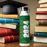 Green Gold Class of 2024 Personalized Graduation Water Bottle<br><div class="desc">This classic green gold custom senior graduate water bottle features bold white typography reading class of 2024 in varsity letters for a high school or college graduation party keepsake gift. Customize with your name in elegant gold script underneath for a great commemorative favour.</div>