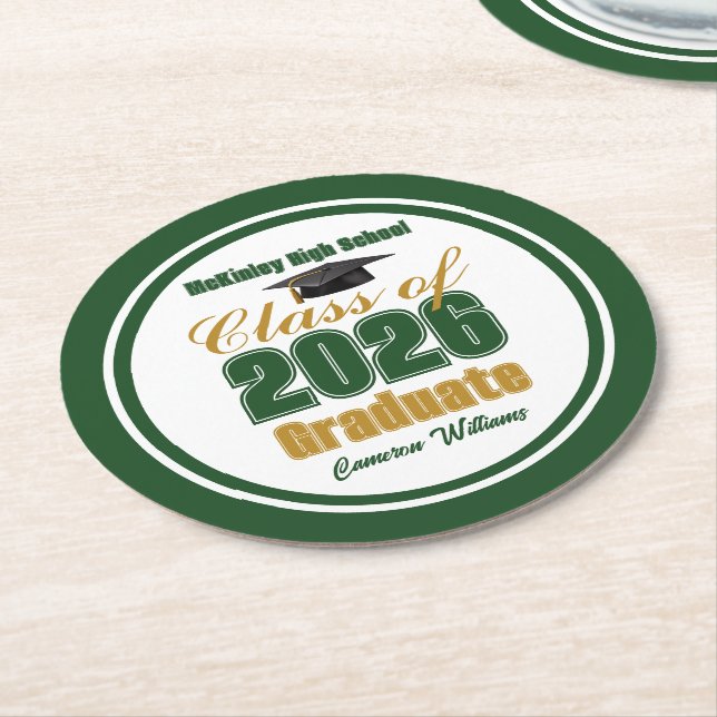 Green Gold Class of 2026 Graduation Party Round Paper Coaster (Angled)