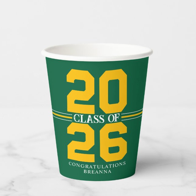Green & Gold Class of Personalized Graduation Paper Cups (Front)