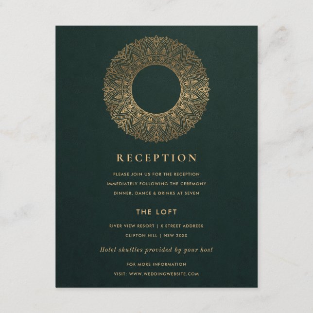 GREEN GOLD CLASSY ORNATE MANDALA WEDDING RECEPTION ENCLOSURE CARD (Front)