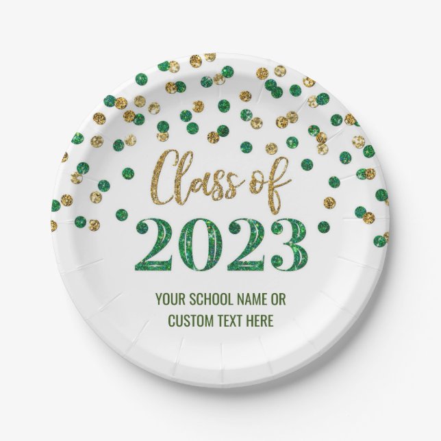 Green Gold Confetti Graduation 2023 Paper Plates (Front)