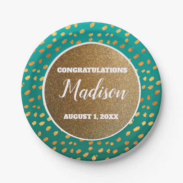 Green Gold Confetti Graduation College Trunk Party Paper Plate (Front)