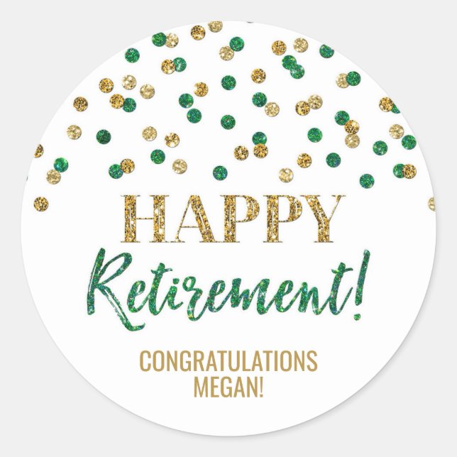 Green Gold Confetti Happy Retirement Classic Round Sticker (Front)