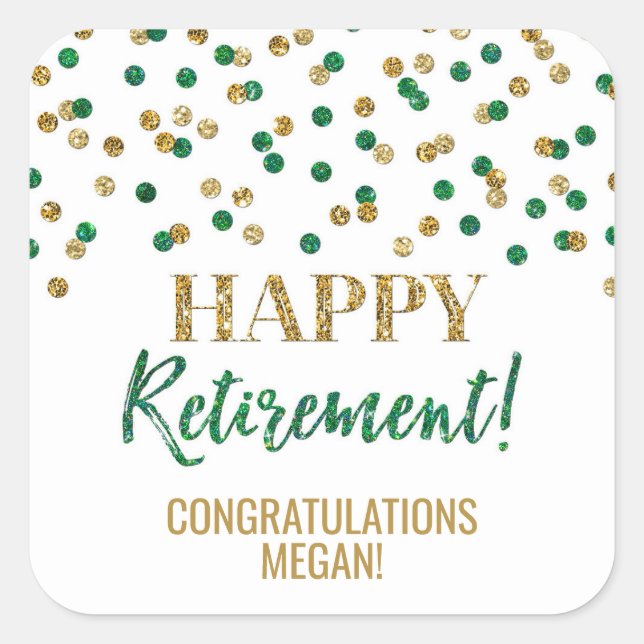 Green Gold Confetti Happy Retirement Square Sticker (Front)