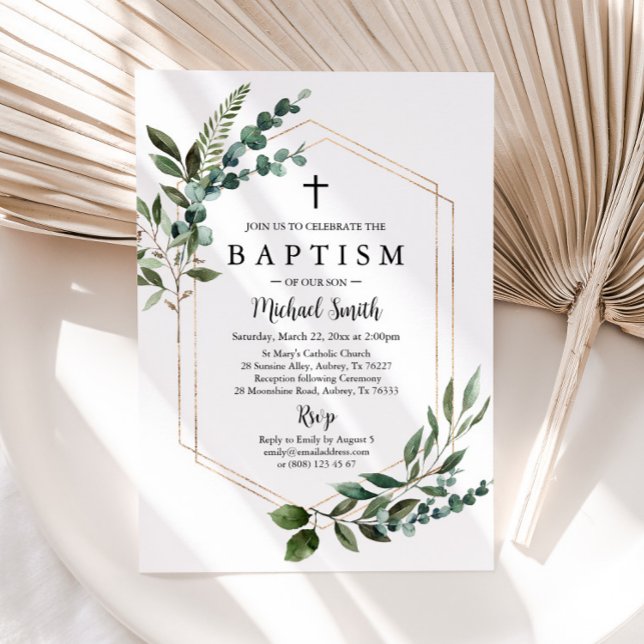 Green Gold Cross Baptism Invitation Christening (Créateur téléchargé)