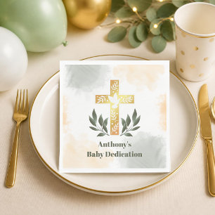 Green Gold Cross Watercolor Baby Dedication Party Napkin