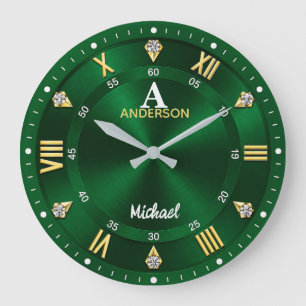 Green Gold & Crystal Elegant Luxury Emerald Large Clock
