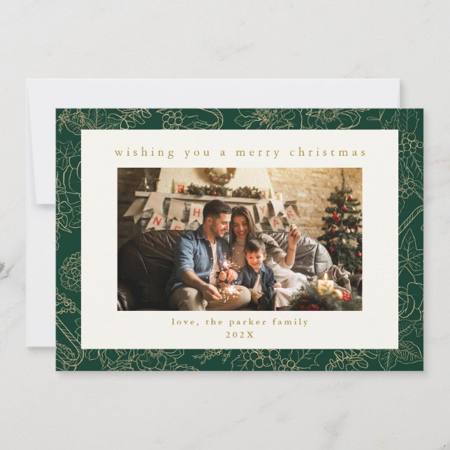 Green & Gold Custom Photo Christmas Holiday Card (Front)