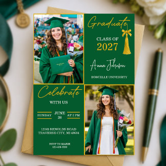 Green & Gold Custom Photo Graduation Party  Invitation