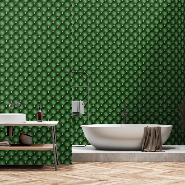 Green Gold Diamond Tufted Wallpaper (Bathroom)
