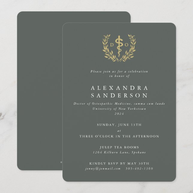 Green/Gold Doctor of Osteopathic Medicine Grad Invitation (Front/Back)