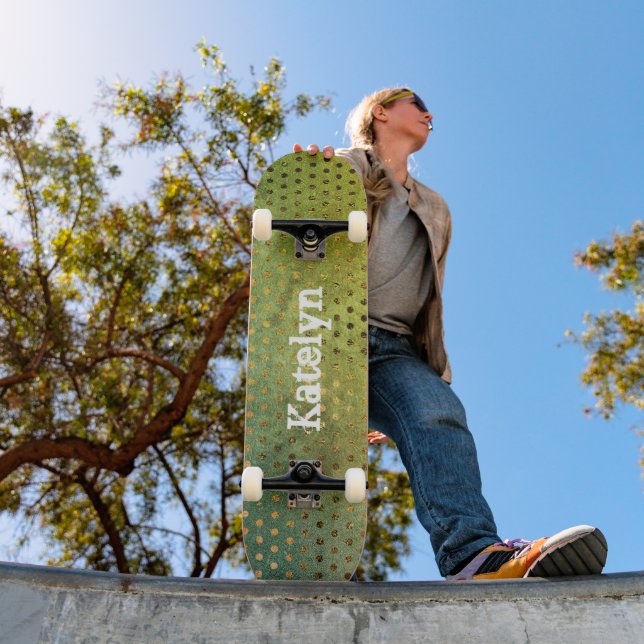 Green gold dots abstract watercolor add your name skateboard (Outdoor 1)