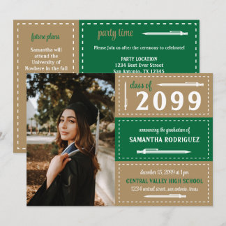 Green & Gold Dotted Boxes and Pencils Graduation Invitation