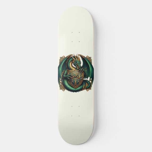 Green & Gold Dragon with Shield Skateboard (Front)