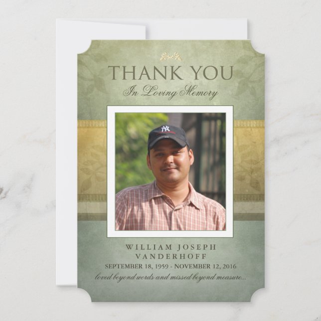 Green & Gold Elegance Thank You Memorial Card (Front)
