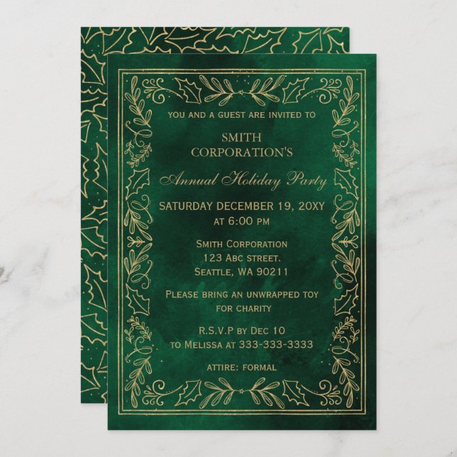 Green Gold Elegant Corporate Holiday Party Invitation (Front/Back)