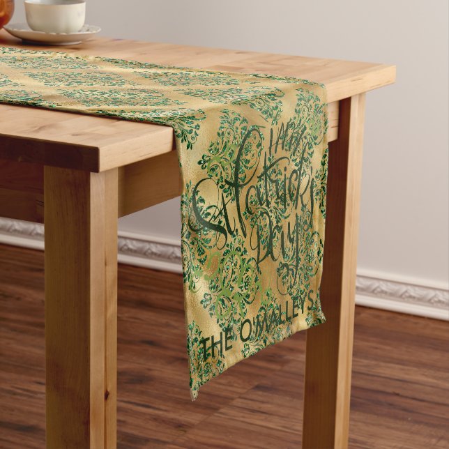 Green & Gold Elegant Damask Pattern Table Runner (In Situ)