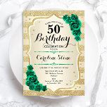 Green Gold Elegant Floral 50th Birthday Invitation<br><div class="desc">50th Birthday Party Invitation. Elegant floral emerald green design with roses. Features faux glitter gold stripes and script font. Perfect for a stylish womens bday celebration. Can be customized for any age! Printed Zazzle invitations or instant download digital printable template.</div>