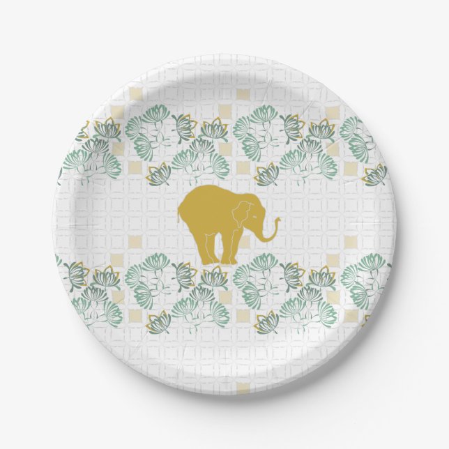 Green & Gold Elephant Safari Jungle Zoo Paper Plate (Front)