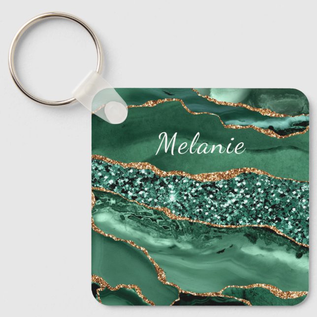 Green Gold Emerald Custom Name Keychain Gift (Front)