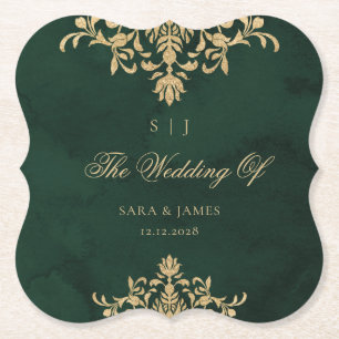Green Gold Emerald Victorian Enchanted Wedding Paper Coaster