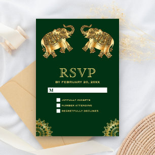 Green Gold Ethnic Elephants Indian RSVP Card