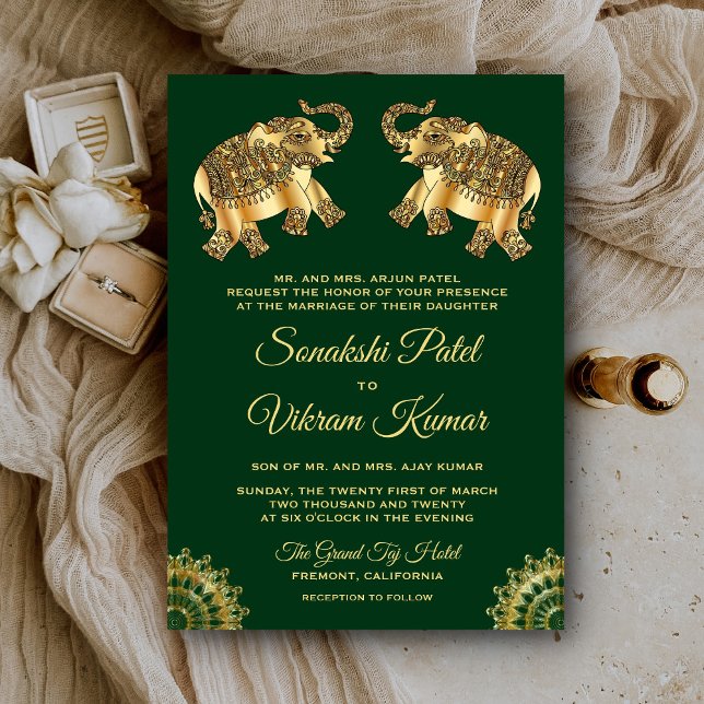 Green Gold Ethnic Elephants Indian Wedding Invite (Creator Uploaded)