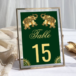 Green Gold Ethnic Elephants Indian Wedding Table Number