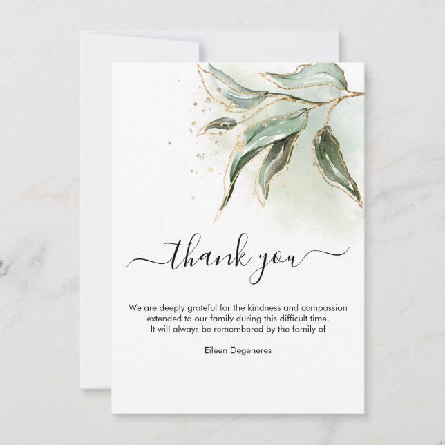 Green Gold Eucalyptus Bereavement Thank You Invitation (Front)
