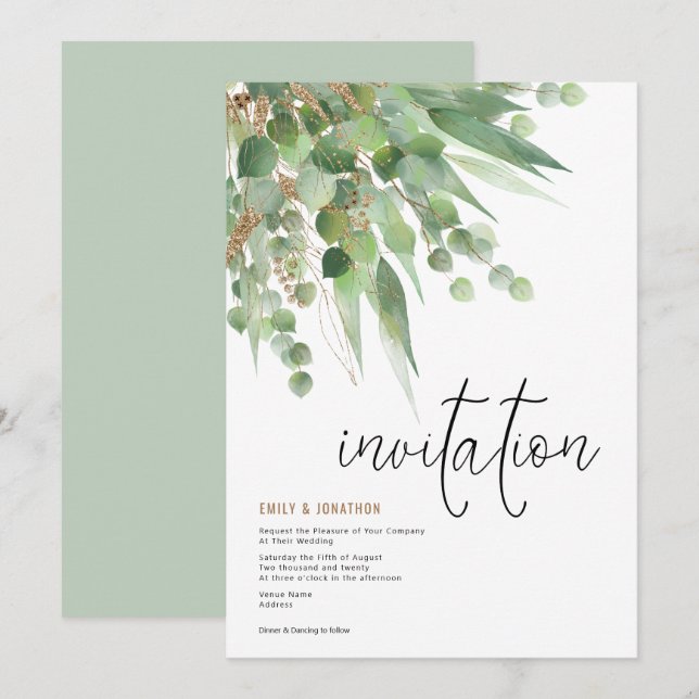 Green Gold Eucalyptus Leaf Elegant Script Wedding Invitation (Front/Back)