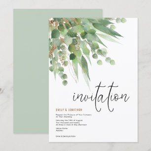 Green Gold Eucalyptus Leaf Elegant Script Wedding Invitation