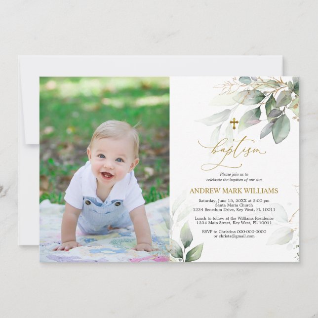 Green & Gold Eucalyptus Photo Baptême Invitation (Devant)