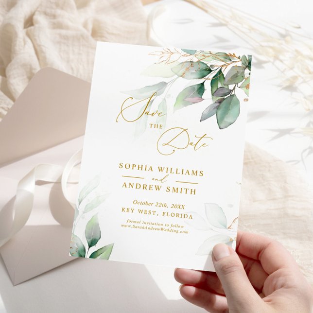 Green & Gold Eucalyptus Save the Date invitation (Creator Uploaded)