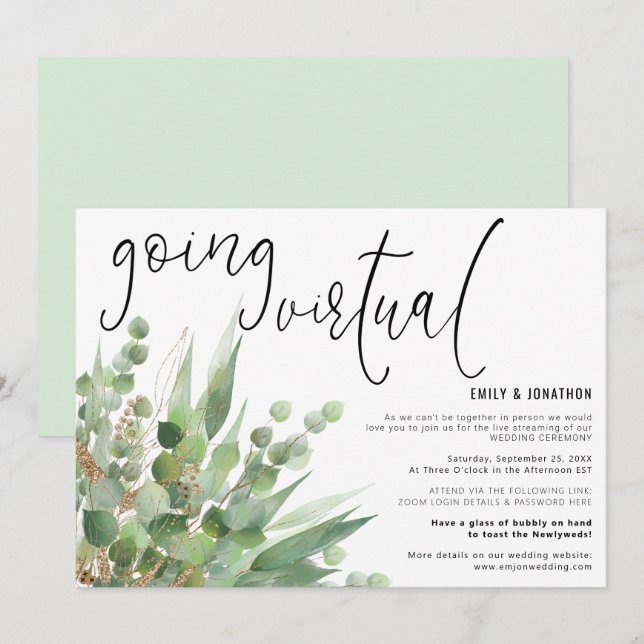 Green Gold Eucalyptus Script Going Virtual Wedding Invitation (Front/Back)