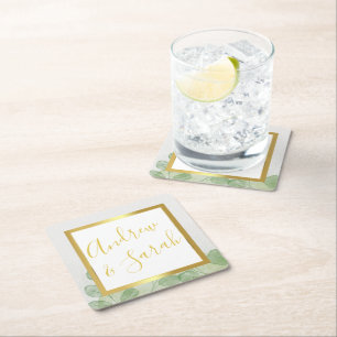 Green & Gold Eucalyptus  Square Paper Coaster
