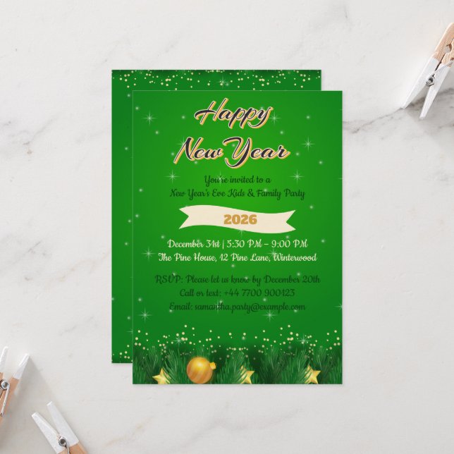 Green Gold Family New Year Invitation (Front/Back In Situ)