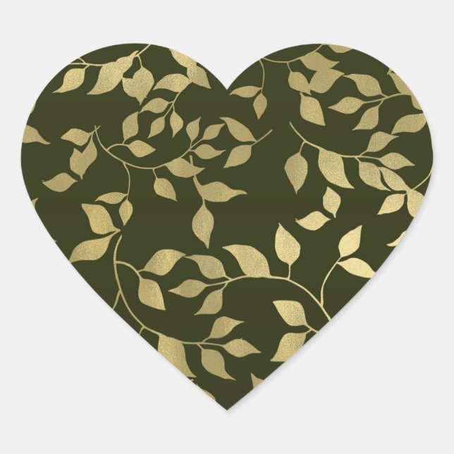 Green & Gold Faux Foil Botanical Leaves Wedding Heart Sticker (Front)