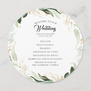 Green Gold Feuilles Élégant programme de mariage