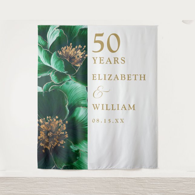 Green Gold Floral 50th Anniversary Photo Backdrop Tapestry (Front)