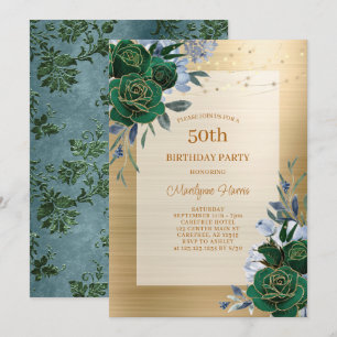 Green Gold Floral 50th Birthday Invitation