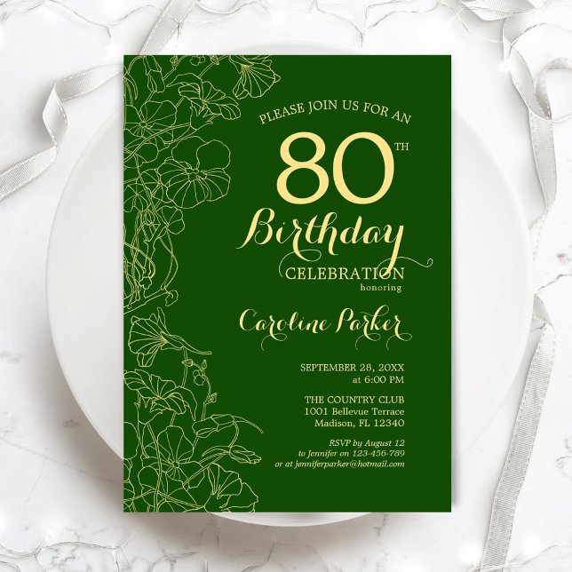 Green Gold Floral 80th Birthday Party Invitation (Creator Uploaded)