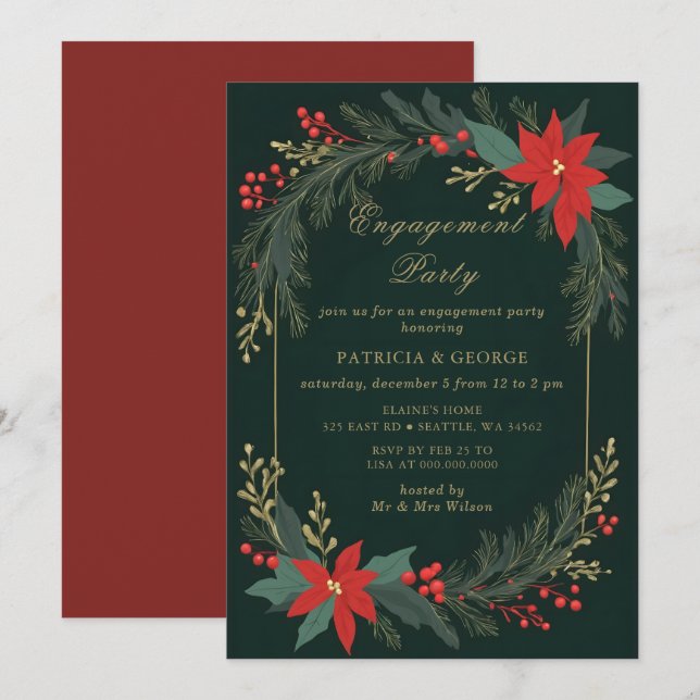 Green Gold Floral Christmas Engagement Party Invitation (Front/Back)