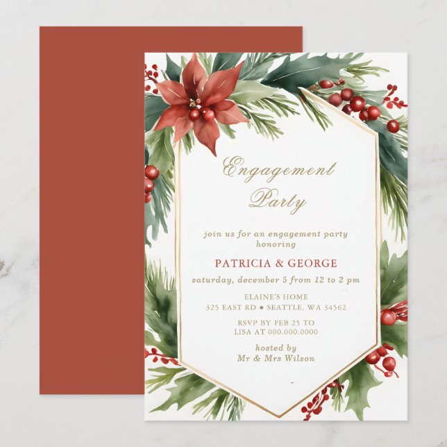 Green Gold Floral Christmas Engagement Party Invitation (Front/Back)