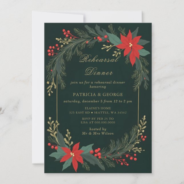 Green Gold Floral Christmas Rehearsal Dinner Invitation (Front)