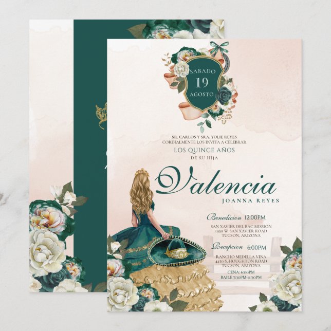 Green Gold Floral Crest Elegant Charra Quinceanera Invitation (Front/Back)