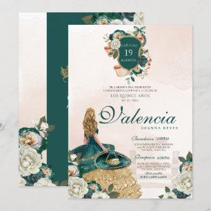 Green Gold Floral Crest Elegant Charra Quinceanera Invitation
